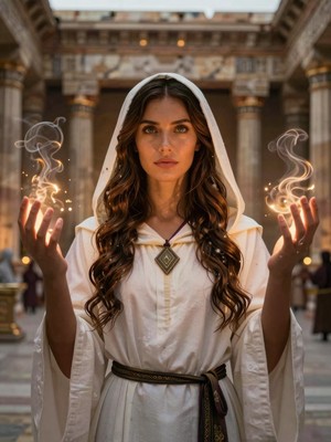 dark fantasy sorceress with silver hair, glowing purple eyes, ornate dark robes, dramatic lighting, gothic fantasy portrait art