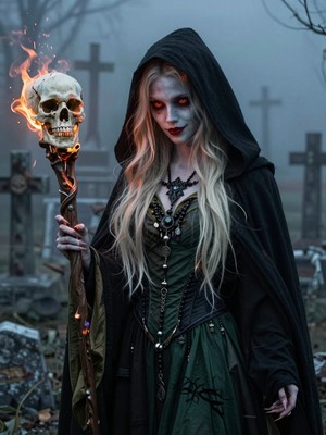 dark fantasy sorceress with silver hair, glowing purple eyes, ornate dark robes, dramatic lighting, gothic fantasy portrait art