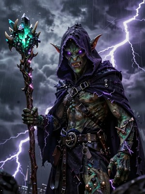 dark fantasy sorceress with silver hair, glowing purple eyes, ornate dark robes, dramatic lighting, gothic fantasy portrait art